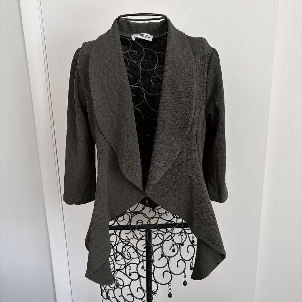 DoublJu Womens Gray Green 3/4 Sleeve Open Front Draped Blazer Jacket Size Small